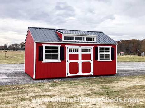 Hickory Sheds Dormer Utility Shed Painted Scarlet Red with Black Shutters