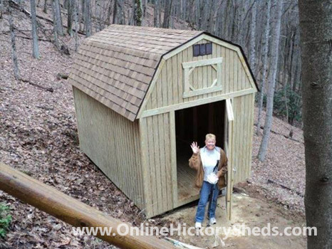 A woman happy with her new Hickory Shed