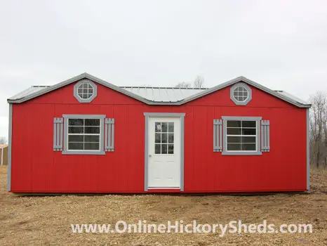 Old Hickory red Utility Shed with two Gable Dormers
