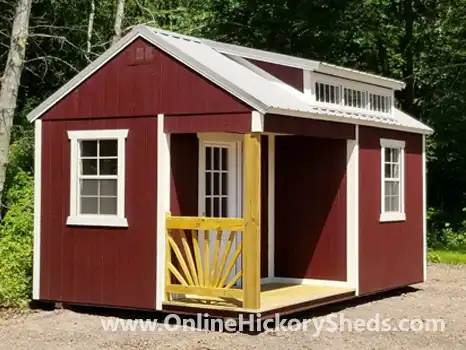 Old Hickory Sheds Porch with Utility Dormer Painted Red